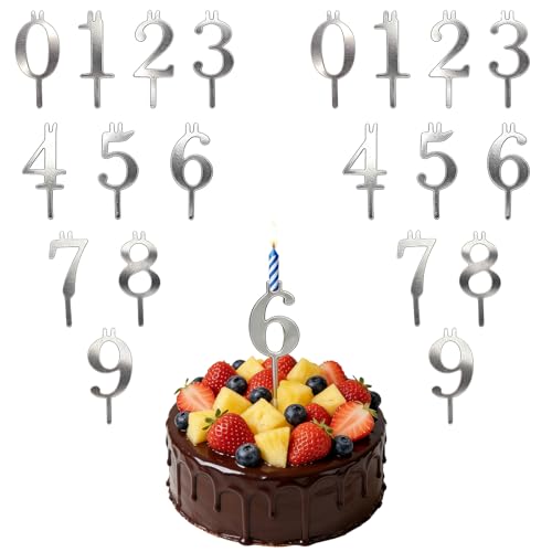 Dexspoeny 20 Pcs Reusable Number Candle Holder Set 0-9 Digital Silver Adjustable Candles Stand Stainless Steel Birthday Cake Candle Holder Cake Decoration Accessories for Birthday Anniversary Party