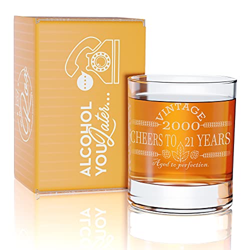 21st Birthday Gifts For Men & Women - Permanently Engraved 11 oz Whiskey Glass - 21st Birthday Decorations for Men - Vintage 2000 Birthday Ideas - 21st Anniversary- On The Rox Drinks