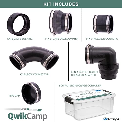 Image of Fernco QwikCamp RV and Camper Sewer Waste Plumbing Connection System Kit with Slip Fit Coupling Adapter for 3-in. PVC Pipe in Black