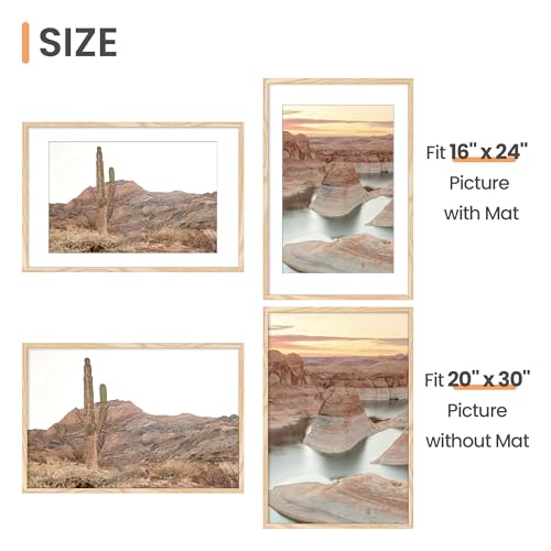Image of upsimples 20x30 Poster Frame, Display Pictures 16x24 with Mat or 20x30 Without Mat, Wall Hanging Picture Frame, Natural Style, 1 Pack