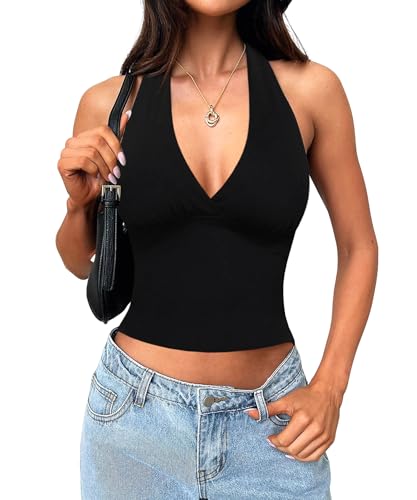 Navneet Women Halter Neck Top Y2K Going Out Top Sexy Low Cut Tops Ruched Tie Up Backless Tops Party Club Festival Outfits Black S Navneet Women Halter Neck Top Y2K Going Out Top Sexy Low Cut Tops Ruched Tie Up Backless Tops Party Club Festival Outfits Black S