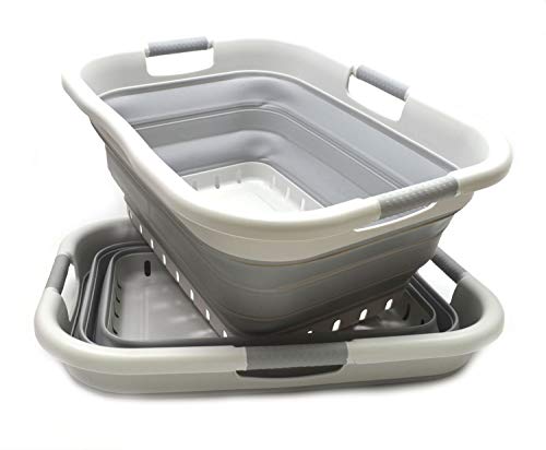 Image of SAMMART 41L (10.8 gallon) Set of 2 Collapsible 3 Handled Plastic Laundry Basket-Foldable Pop Up Storage Container /Organizer-Space Saving Hamper /Basket (2, Grey /Grey)
