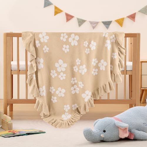 Image of Cotton Baby Blanket | 30x40 Inches Knitted Receiving Blanket with Ruffled Edges & Floral Design for Newborns, Crib & Stroller Use, Premium Gift Choice (Beige)