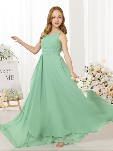 Girl's Flowing Chiffon Flower Girls Dresses Ruched Spaghetti Strap V-Neck Junior Girl Wedding Bridesmaid Dress4