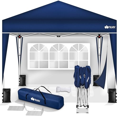 tillvex Pavillon 3x3m wasserdicht mit 2 Seitenteilen + 4er Set Sandsäcke | Pop-Up Faltpavillon stabil & höhenverstellbar | Gartenzelt UV Schutz 50+ | Partyzelt mit Tasche für Garten, Blau