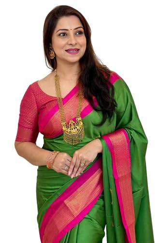 SGF11 Women's Kanjivaram Soft Silk Saree With Blouse Piece (Green Pink) 6.3metres