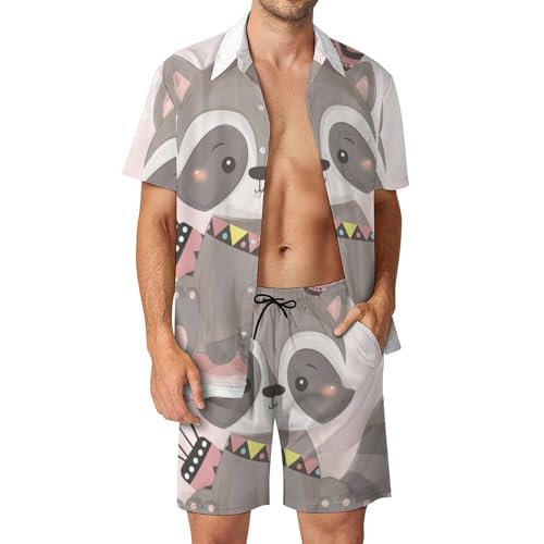 Chemise Hawaïenne Hommes Ratons Laveurs Ensemble Short Pantalon Plage pour Tenue de Croisière