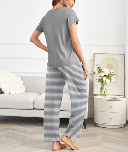 Image of Ekouaer Pajama Sets for Women Round Neck Pjs Short Sleeve Sleepwear with Long Pants Loose Lounge Sets