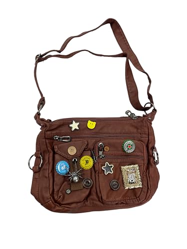 vintage y2k crossbody bag for women- adjustable strap retro button design multi-pocket pu leather bag
