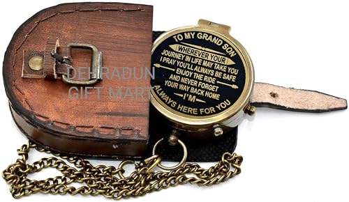 Brújula de bolsillo de latón grabada para nieto – Mensaje "Siempre aquí para ti" con estuche de cuero, regalo inspirador para graduación, Navidad o ocasiones especiales de abuelo miniatura 6