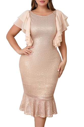 Image of VERWIN Plus Size Sequins Dress Ruffle Sleeve Midi Dress Bodycon Mermaid Hem Dress Sparkly Round Neck Prom Dress
