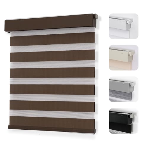 Joydeco No Drill Zebra Blinds for Windows, Cordless Dual-Layer Privacy Zebra Shades for Indoor Windows, Easy to Install, Light Filtering Sheer Blinds for Home (Coffee,Custom Size)