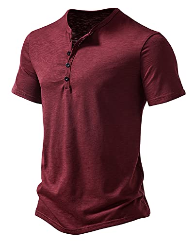 Camiseta casual para hombre, cuello de abuelo Henley, camiseta inteligente con medio botón, ajuste delgado, sin cuello, rojo vino, M