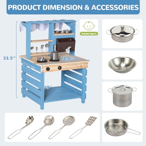 BRINJOY Kids Kitchen Playset, Double-Sided Wooden Outdoor Mud Kitchen w/Realistic Faucet, Removable Sink, Cooking Toys, Menu, Toddler Pretend Play Kitchen, Backyard Mud Table, Gift for Boys Girls