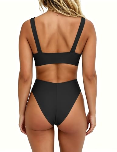 Image of geluboao Bikini Set for Women Solid V Neck Knot Front Push Up High Leg Thong Two Piece Swimsuit