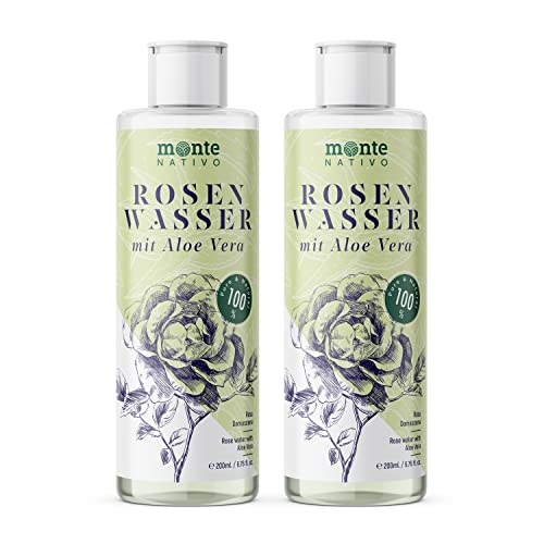 Rosenwasser Gesichtswasser mit Aloe Vera 2x200ml Monte Nativo (400ml) - Rose water for face 100% Natürliche Gesichtspflege - Gesichtstoner - Gesichtsreinigung - Porenreiniger Gesicht - Anti Pickel