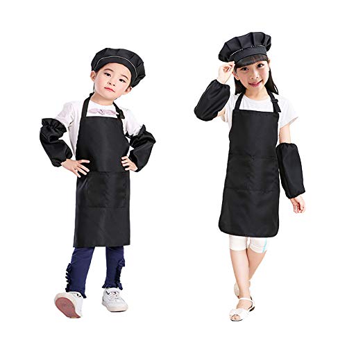 Seatery 4PCS Kids Apron Set, Chef Hat Apron and Sleeves, Preschool Apron Kits, Boys Girls Aprons for Kitchen Cooking Baking Painting Wear