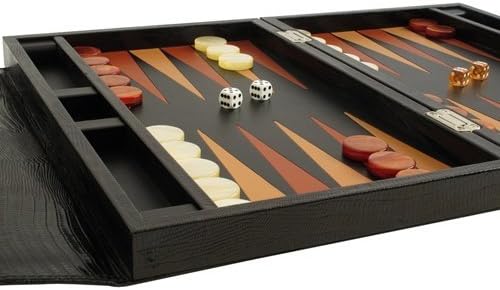 Zaza & Sacci Leather Backgammon Set - Board Game (15" Luxury Travel Attache Case, Model ZS-242) - Black Lizard