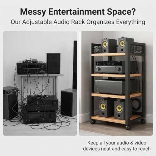 Rack de audio para sala con estantes de madera regulables y estructura de metal 5