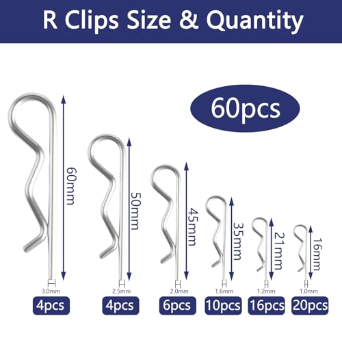 60 Stück Splinte Federstecker Set, Federsplinte Edelstahl 304, Sicherungssplinte R-Clips, Sicherungssplinte Splinte Sortiment kit für Autos Mechaniker