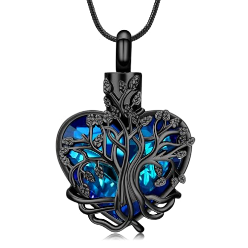 MFRZBVO Cremation Jewelry Tree of Life Heart Urn Necklace for Human Ashes for Women Men With Me Always Memorial Ashes Keepsake Pendant,Black-Blue