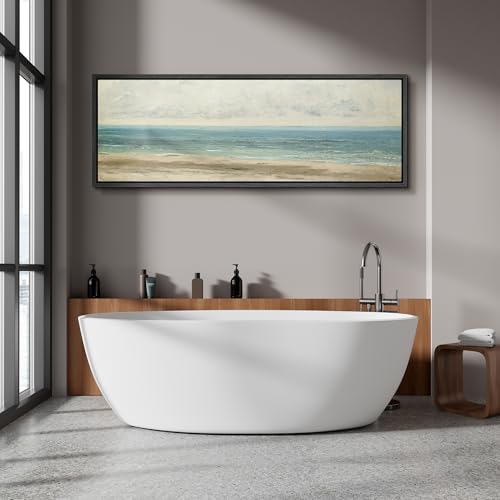 Image of MUDECOR Large Framed Canvas Print Wall Art Classic Coastal Shore Neutral Toned Seascape Antique Retro Ready to Hang Painting for Living Room Bedroom Multi-Sizes - 60 inchx20 inch