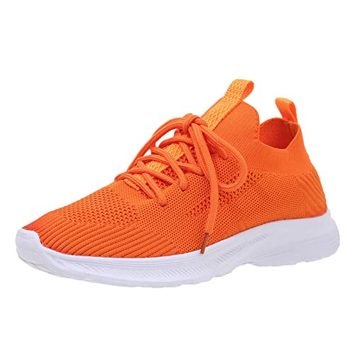 VBEDKDEB Damen-Laufschuhe Schuhe Damen Sportschuhe Flacher Boden leicht fliegend gewebtes Mesh atmungsaktiv bequem einfarbig schnüren Schuhe Damen Sneaker Turnschuhe Damen Weiss (Orange, 41)