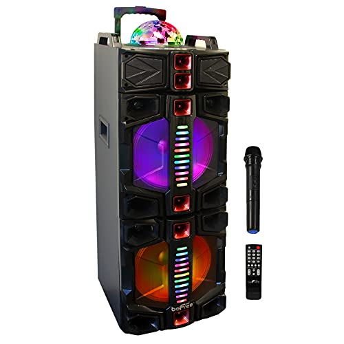 beFree Sound Dual 12 Inch Subwoofer Portable Bluetooth Party Speaker with LED Lights, USB/SD Input, Rechargeable Battery, Remote Control and Wireless Microphone, Black