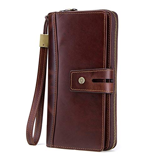 Men's Wallet Leather Crazy Horse Leather Zipper Bag, Men's Clutch with 28 Cards, 6 Receipt Bags, 2 Cell Phone Bags, 1 Photo Folder and 1 Change Bag. (Color : Coffee)