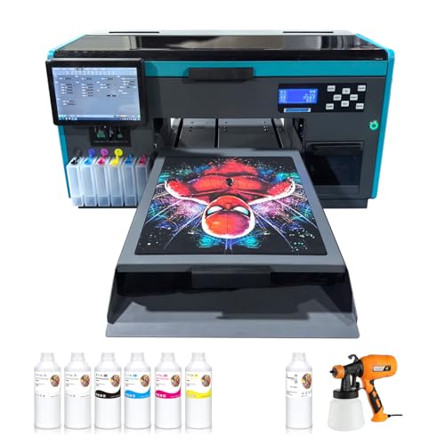 SYLCYS A3+ DTG Digital Direct Injection Printer 4720 printhead for Textiles T Shirt Hoodie and Clothes Come Included (6x500ml DTG Textile Ink and Pretreatment Liquid ANG Motorized Sprayer)