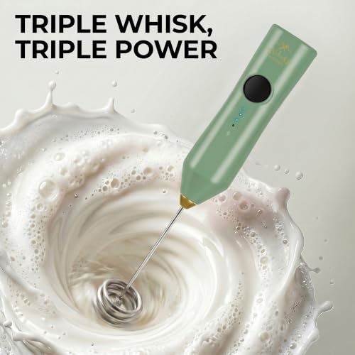 Image of Zulay Kitchen Rechargeable Milk Frother Handheld - Frother Wand, Drink Mixer, Electric Whisk Frother, for Cappuccinos, Matcha & Protein Powder - Dynamic Triple Whisk, 3 Speed 500mAh Forrest Green Gold
