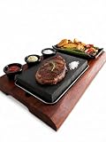 Heißer Stein Steak Set mit Akazienholzbrett – Lavastein zum Grillen am Tisch, Steakstein mit Edelstahlschale & 3 Dip-Schalen, Hot Stone Grill für Steak & Fleisch