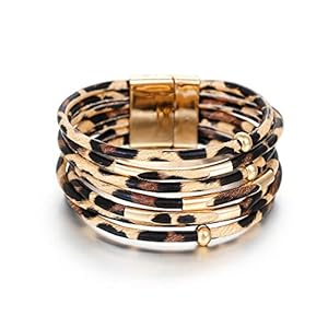 Fesciory Leopard Bracelet for Women, Boho Leather Wrap Multi-Layer Pearl Crystal Bracelet Bangle Jewelry(Brown Leopard)