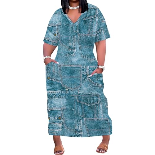 Image of SUZONANA Plus Size Denim Print Maxi Dresses for Women Casual V Neck Short Sleeve with Pockets Soft Jean Look Dress XL-6XL