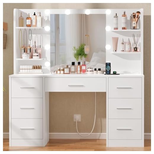 Quimoo LED Mirror Vanity Desk with Storage