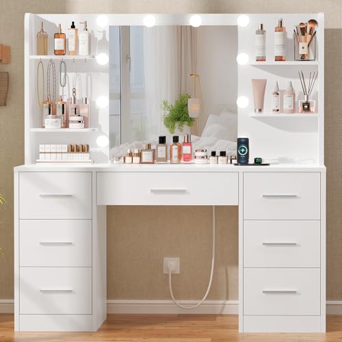Quimoo Large Vanity Desk with LED Lighted Mirror & Power Outlet,Makeup Vanity Table with 7 Drawers,4...