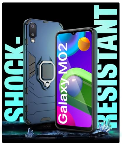 Image of WOW IMAGINE Shock Proof Back Case Mobile Cover for Samsung Galaxy M02 | Back Cover Case (Tough Armor | Hybrid PC + TPU | Ring Holder & in-Built Kickstand | Blue)