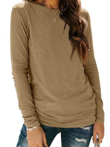 AUTOMET Women‘s Basic Long Sleeve Crewneck, Plus Size Winter & Spring Top, Casual Fall Tee for Teacher & Everyday Outfits 01coffee M