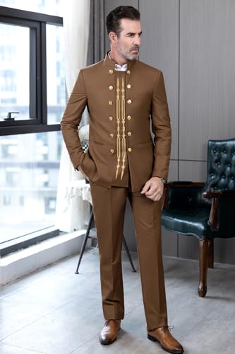 Men's 2 Pieces Suit Embroideries Double Breasted Formal Dashiki Business Dinner Dress Blazer Pants Set2