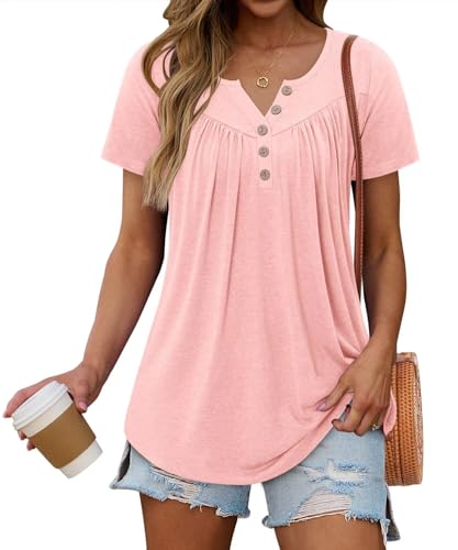 KISSMODA Womens Summer Tops 2025 Short Sleeve Shirts Henley Loose Fit Tunic Ladies Flowy Blouse Plus Size for Leggings Pink XL