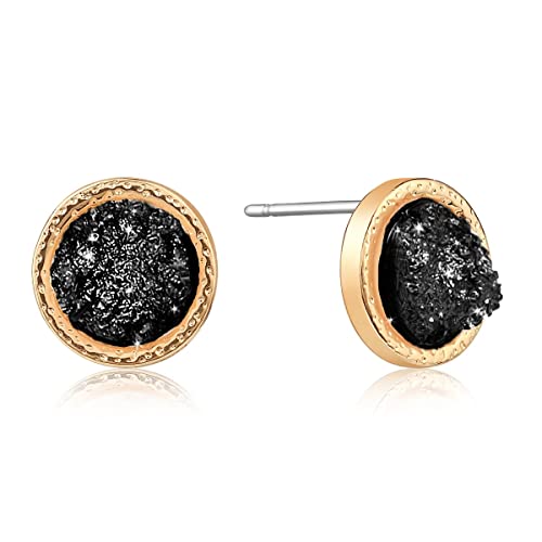 Humble Chic Faux Druzy Stud Earrings - Beautiful Stud Earrings for Women, Everyday Earrings for Women, Simple Earrings, Dainty Earrings for Women, Black, Simulated Obsidian, Simulated Onyx, Gold Tone