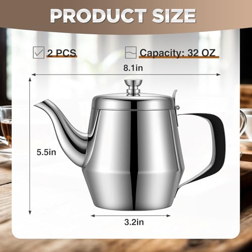 Yungyan 2 Pack Gooseneck Teapot 32 oz Stainless Steel Gooseneck Tea Pot Silver Coffee Kettle for Water Tea Coffee Home Restaurant Camping Party Supplies