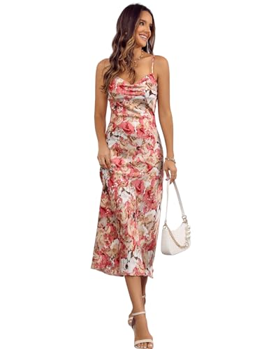 Image of Women's Spaghetti Strap Midi Satin Silk Dresses Slip Cowl Neck Party Cocktail Evening Sexy Dress