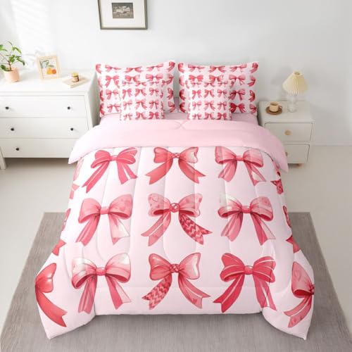 Image of Red Bow Tie Queen Comforter Set with Sheets | Princess Bow 7-Piece Bedding Set Cute Ribbon Bowknot Bed in a Bag, Dreamy Geometric Bowknot Bed Sets,Kawaii Room Decor Aesthetic