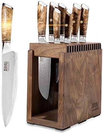 Knife Set Block - 8 Piece Chefs Knife Set - Damascus Steel VG10 Japanese Stainless Steel Home Kitchen Knife Set With Shadow wood Handle&Unviersal Walnut Block