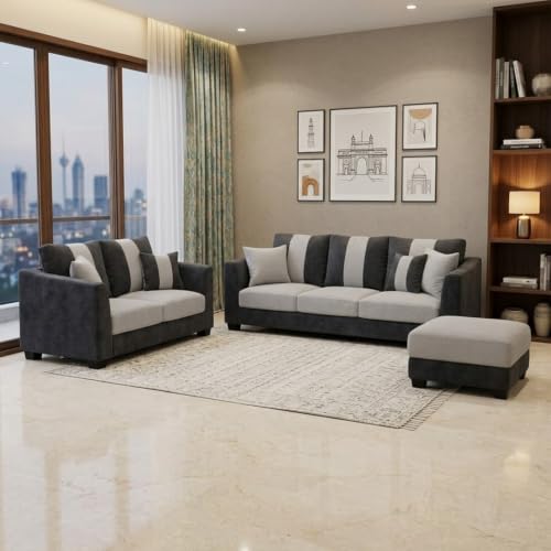 Image of Revo Plush Comfort Sofa Set | 3 Seater + 2 Seater with Ottoman | Luxury Velvet Suede Fabric | Modern Living Room Sofa | Dark Gray - Light Gray