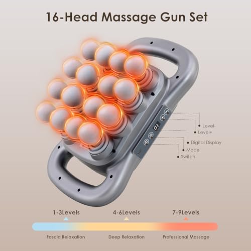 Image of 16 Head Massage Gun Set, Deep Tissue Massager, Silver Grey