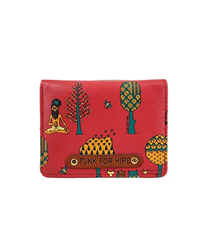 Image of Funk For Hire Vegan Leather Slim Minimalist Wallet with 6 Card Slots, Zippered Coin Pouch & Cash Compartment - Printed Bifold Card Holder for Men & Women (Red)