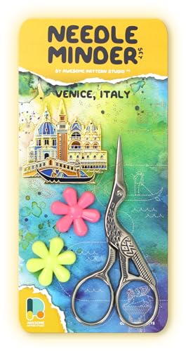 Image of Awesome Pattern Studio Needle Minder Set - Venice Magnetic Needle Minder + 2 Needle Threaders + Crane Scissors. Enamel Pin for Cross Stitch, Embroidery and Craft