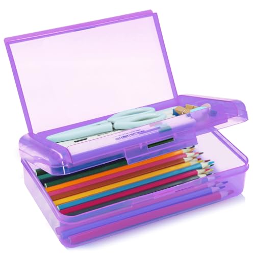 Image of 1 Pack Double Layer Hard Pencil Cases, Plastic Translucent Pencil Box with Snap-Tight Lid for Pens, Pencils, School, Stylish Office Supplies Storage Organizer Box, Medium-sized